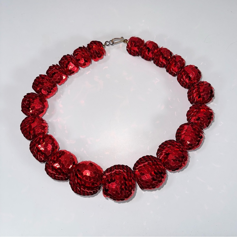 Vintage Red Sequined necklace with earrings. 19inch length